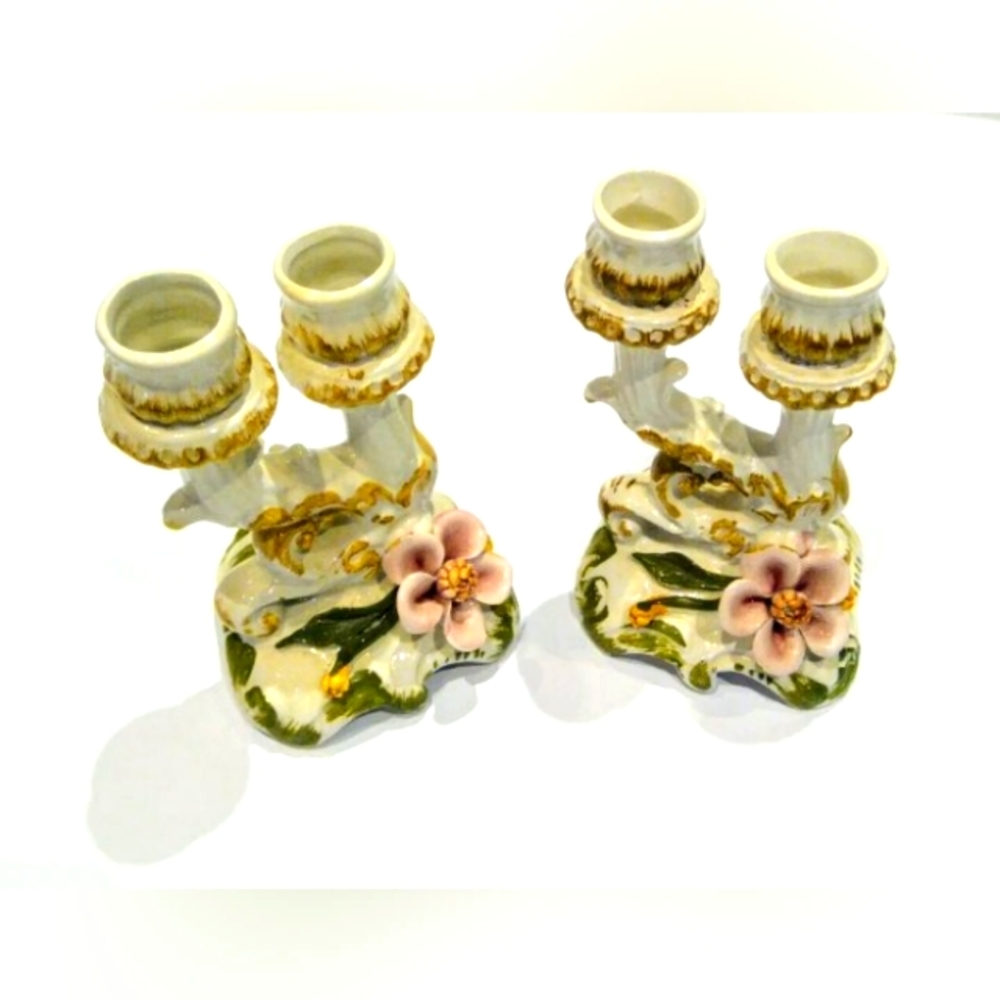 2 Capodimonte style, double branch, pink flower 5' candle holders.